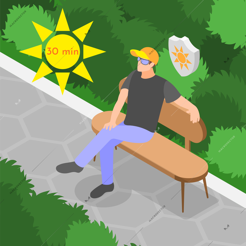 Immune system boost protection from sun limit outdoor time isometric background with man relaxing on bench in park vector illustration