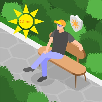 Immune system boost protection from sun limit outdoor time isometric background with man relaxing on bench in park vector illustration