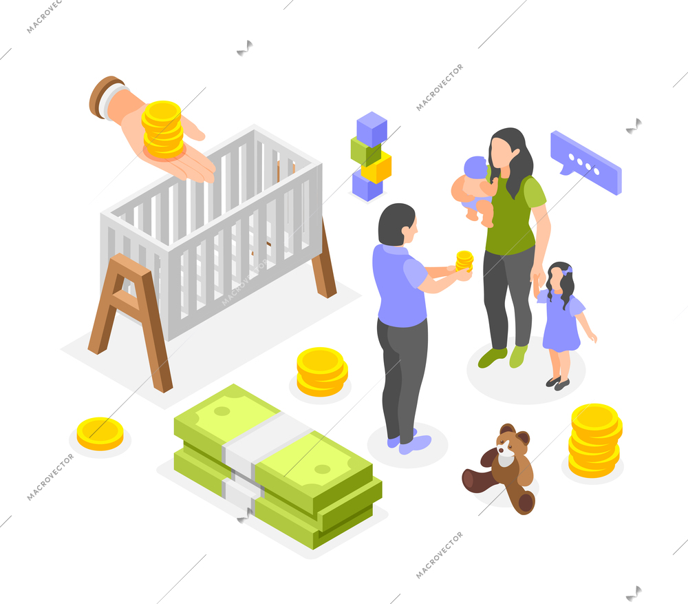 Social insurance parental support isometric composition with mother getting allowances vector illustration