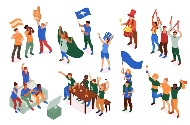 Isometric sport fans set with isolated compositions of people wearing team colours shouting and waving flags vector illustration