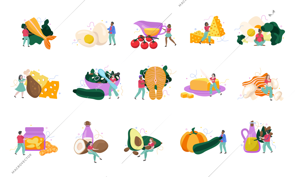 Keto diet flat recolor set of small human characters using meat fish vegetables fruits oil eggs for nutrition isolated vector illustration