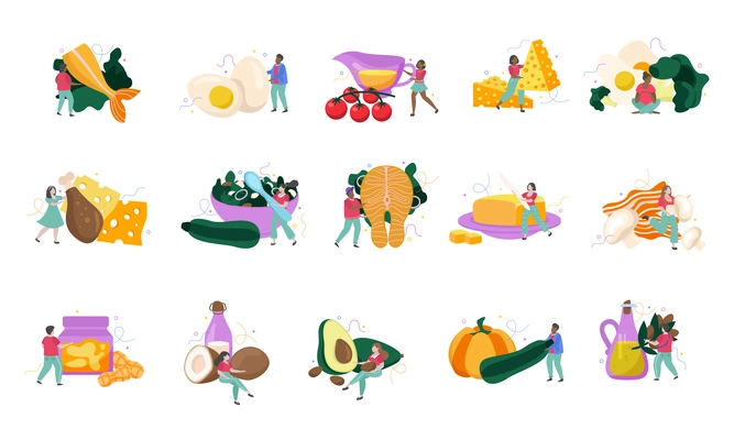 Keto diet flat recolor set of small human characters using meat fish vegetables fruits oil eggs for nutrition isolated vector illustration