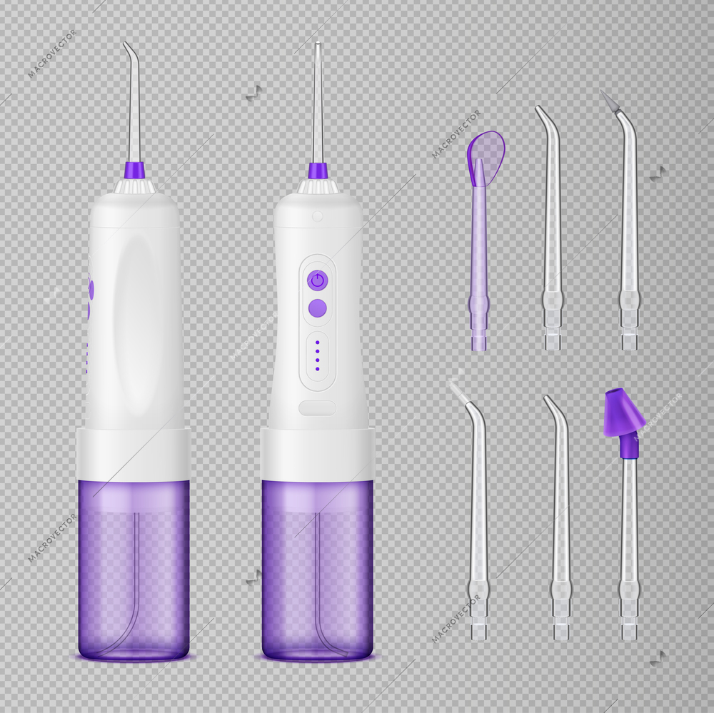 Water flosser teeth care realistic set with dental irrigator and various attachments isolated on transparent background vector illustration