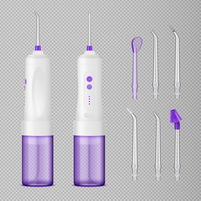 Water flosser teeth care realistic set with dental irrigator and various attachments isolated on transparent background vector illustration