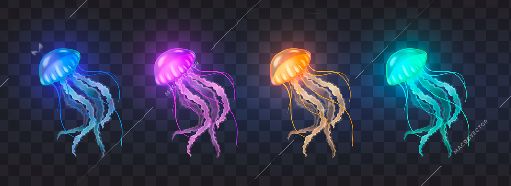Underwater world realistic icons set with colorful glowing jellyfishes on transparent background isolated vector illustration
