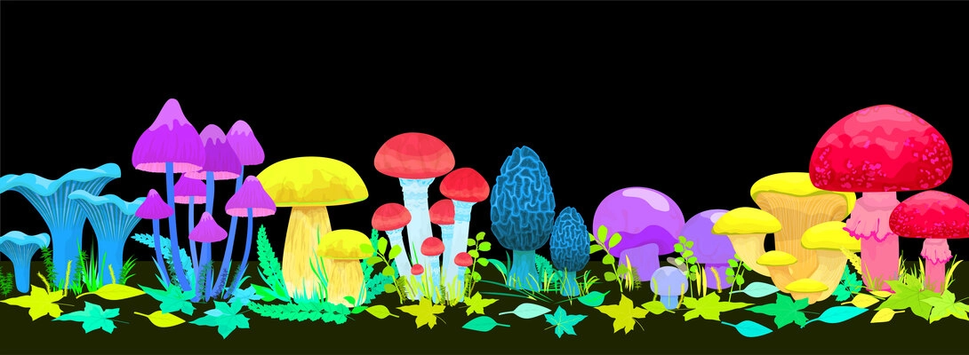 Magic glowing mushrooms concept with fantasy symbols flat vector illustration