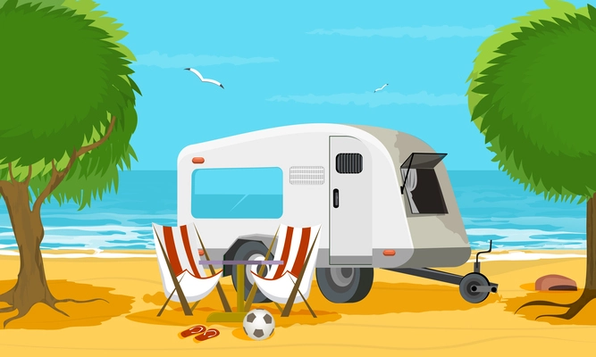 Summer vacation flat color background with recreational trailer on ocean shore vector illustration