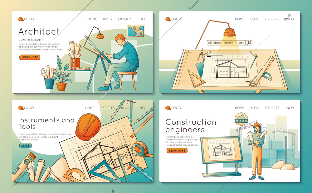 Architects and construction engineers flat website banners set with instruments for creating projects and working people isolated vector illustration