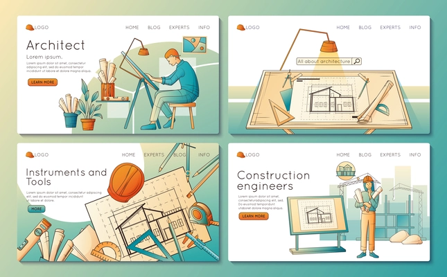 Architects and construction engineers flat website banners set with instruments for creating projects and working people isolated vector illustration