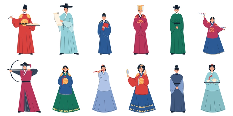 Royal family set of twelve flat isolated human characters in traditional medieval costumes of korean culture vector illustration