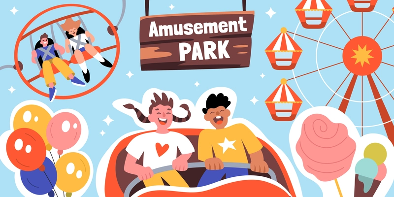 Amusement park composition with collage of flat images signboard with text and teenagers taking amusement rides vector illustration