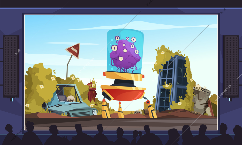 Aliens movie cartoon with people watching film about space invasion vector illustration