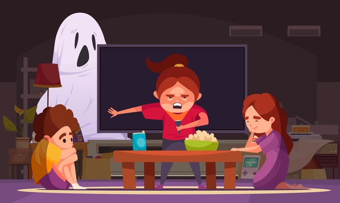 Ghost cartoon concept with children telling spooky stories at home vector illustration