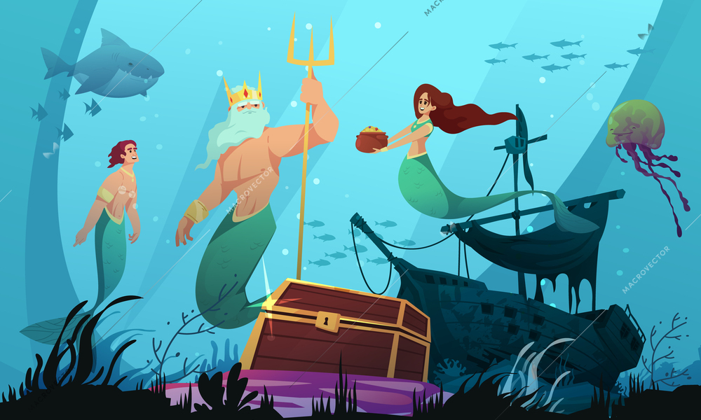 Underwater world cartoon concept with mermaids and poseidon vector illustration