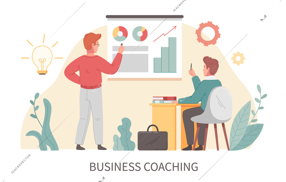 Coaching flat cartoon concept with business training scene vector illustration