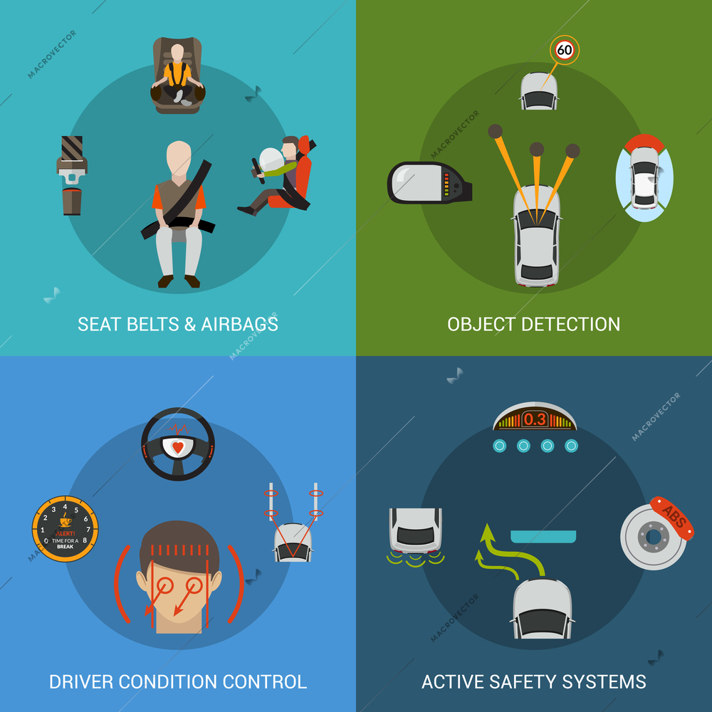 Car safety system design concept set with seat belt airbag object detection driver condition control flat icons isolated vector illustration