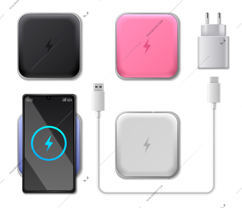 Powerbank icons set with realistic battery charger devices isolated vector illustration