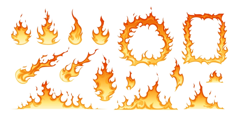 Fire and flames of different shapes and sizes flat set isolated on white background vector illustration