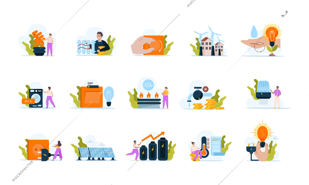 Energy economy flat set of isolated compositions on blank background with human characters and power icons vector illustration