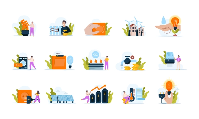 Energy economy flat set of isolated compositions on blank background with human characters and power icons vector illustration