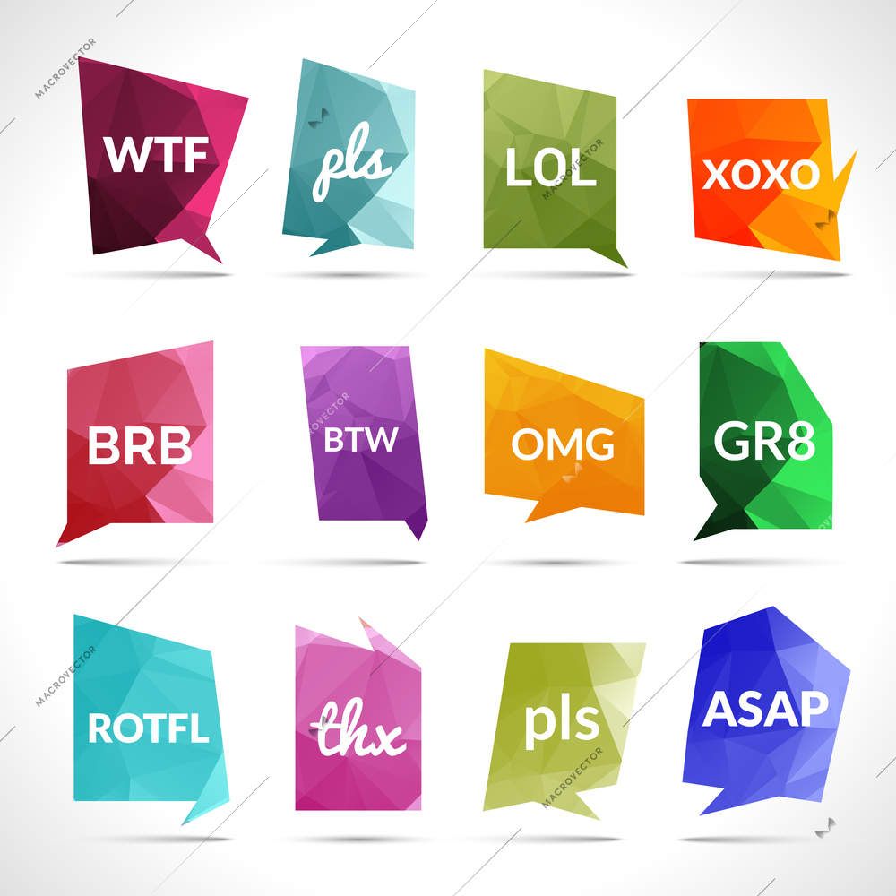 Acronyms and abbreviations in speech bubbles set isolated vector illustration