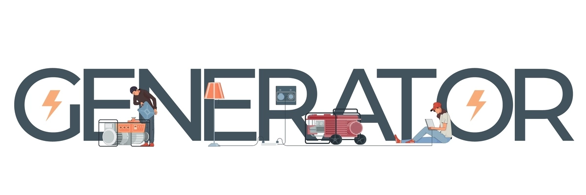 Electric generator composition with flat text power symbols and people with fuel canister lamp and laptop vector illustration