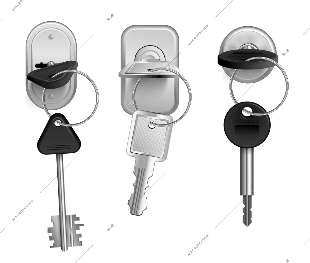 Realistic keys keyholes icon set one key from the set is inserted in the lock vector illustration