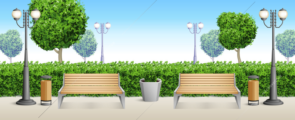 Realistic park bench background two benches for strollers set in the park among the bushes composition vector illustration