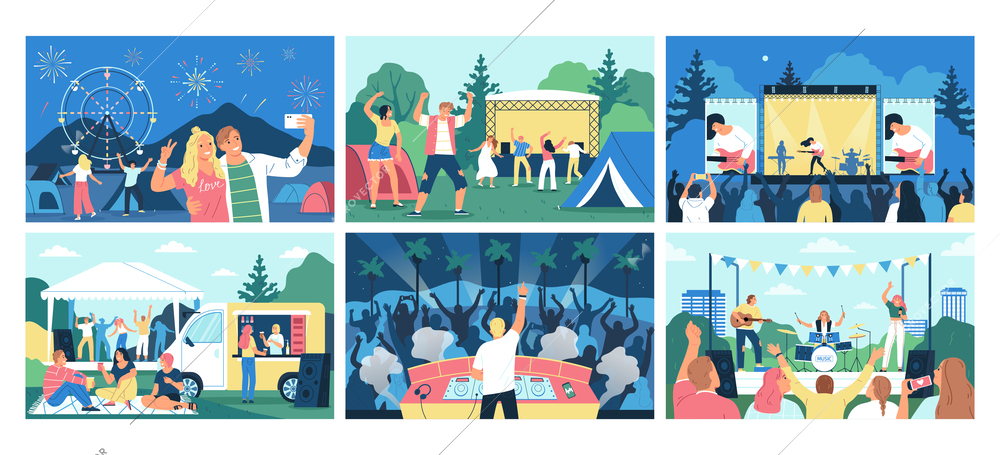 Open air flat icons set with people listening music outdoor isolated vector illustration