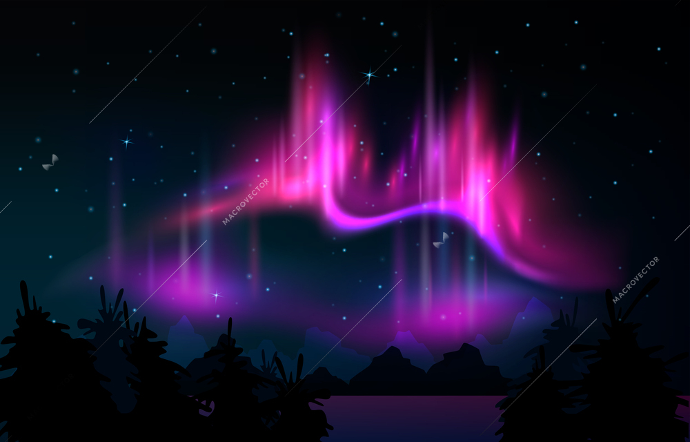 Purple polar lights illuminating night landscape with silhouettes of mountains and arctic coniferous trees realistic vector illustration