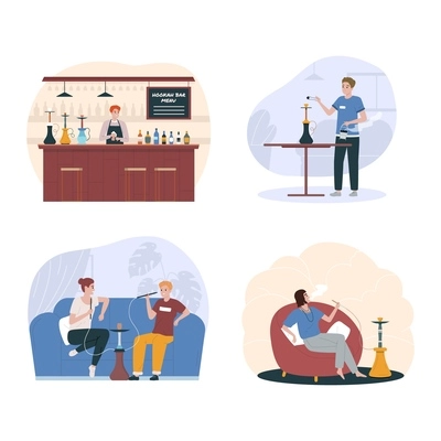 Isolated hookah bar flat icon set the bartender stands behind the bar, the hookah keeper changes coals and people smoke vector illustration