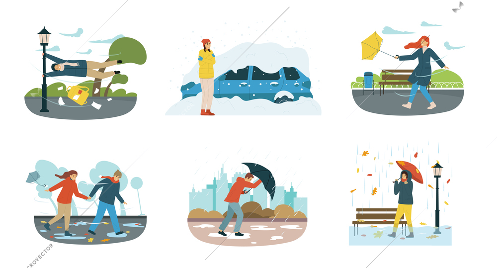 Six isolated bad weather people flat composition set with different situations happen to people because of the strong winds and rain vector illustration