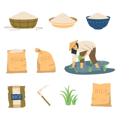 Rice production flat icon set cutting collecting rice bags groats in bowls and plates vector illustration