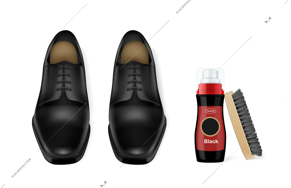 Black pair of shiny leather male shoes with shoe polish and brush realistic composition vector illustration