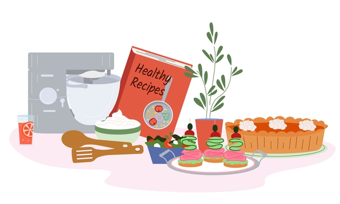 Self care composition with cooking hobby symbols flat isolated vector illustration