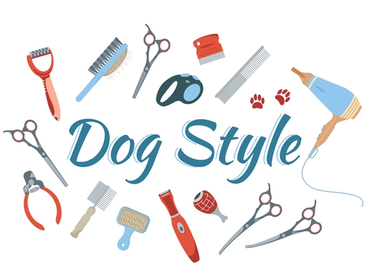 Dog grooming set with professional style symbols flat isolated vector illustration