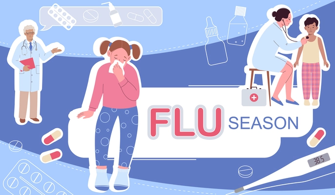 Flu season sick children collage in flat style with sneezing kid and doctors with stethoscopes vector illustration