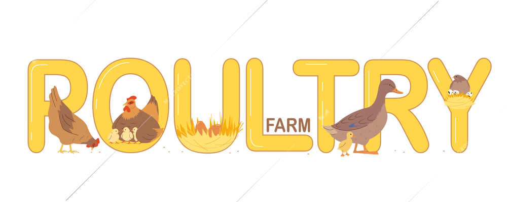 Poultry farm text banner in flat style with eggs hens and ducks on white background vector illustration