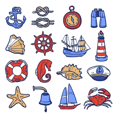 Nautical sketch decorative icon set with anchor rope compass binoculars isolated vector illustration