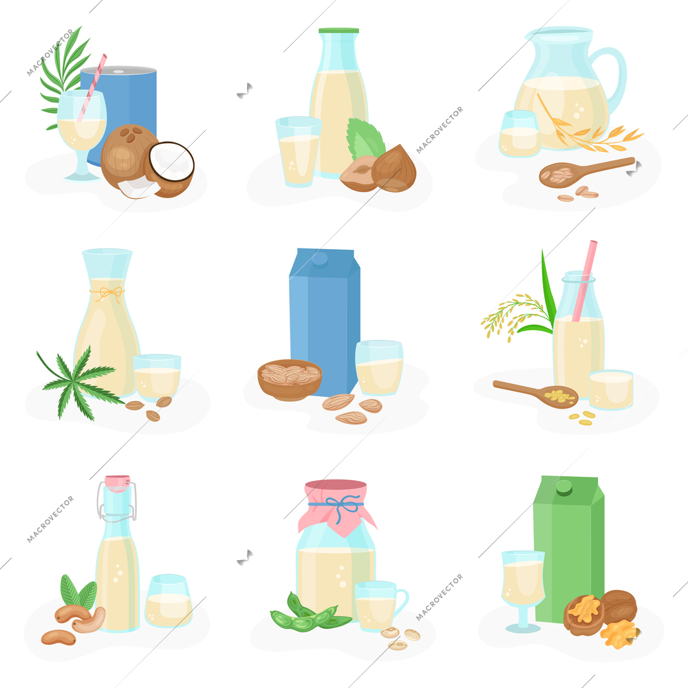 Vegan milk set of flat icons with packages and cups of grain milk on blank background vector illustration