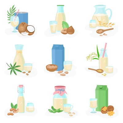 Vegan milk set of flat icons with packages and cups of grain milk on blank background vector illustration