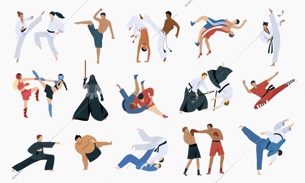 Martial arts icons set with fighting symbols flat vector isolated illustration