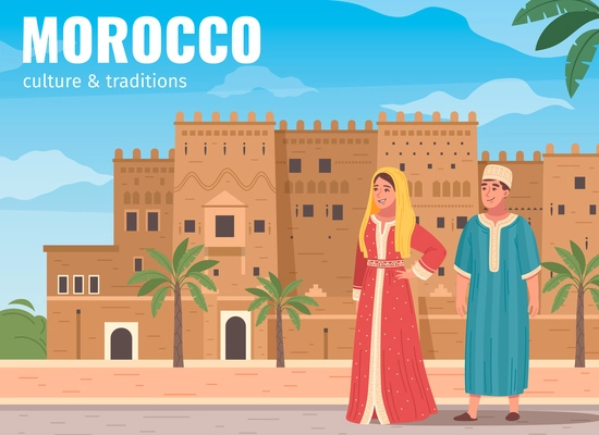 Morocco touristic travel flat composition with traditional man and woman fortress and sky background with text vector illustration