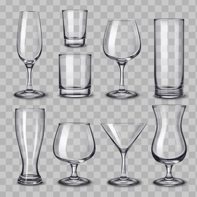 Alcohol drinks glassware realistic set with isolated empty glasses of various classic shapes on transparent background vector illustration