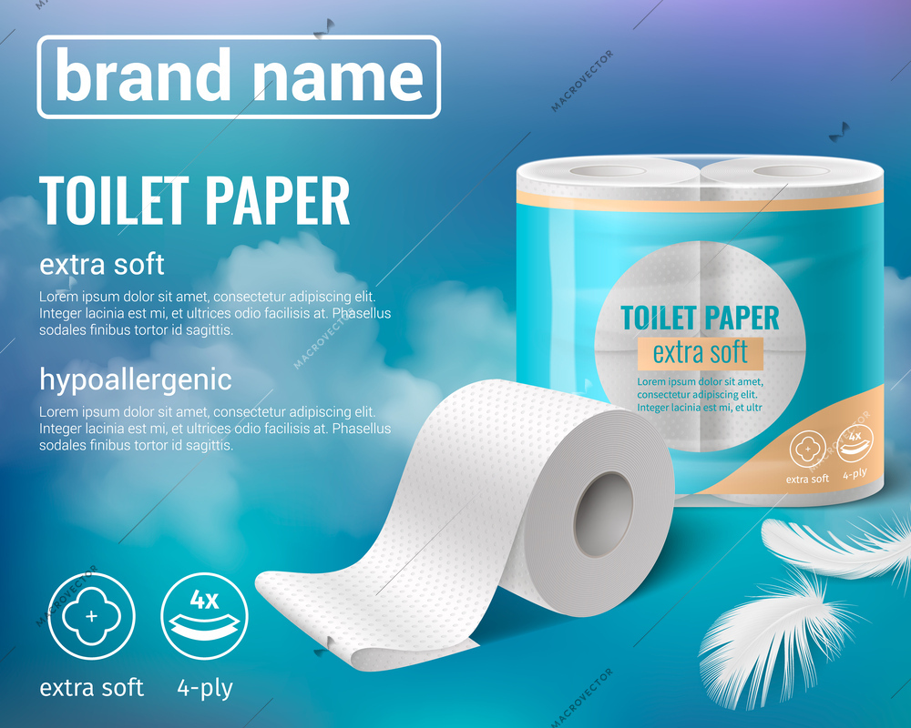 Toilet paper kitchen towels rolls realistic advertising background with composition of images text and clouds background vector illustration