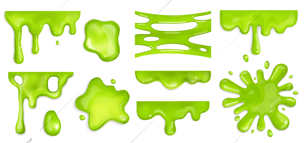 Realistic green slime splatters on white background isolated vector illustration