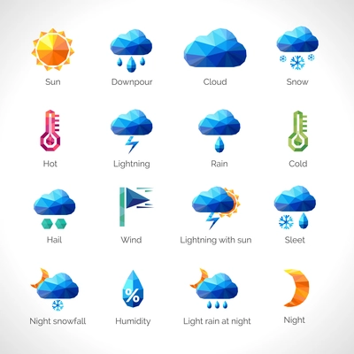 Weather forecast polygonal icons set with sun cloud rain snow symbols isolated vector illustration