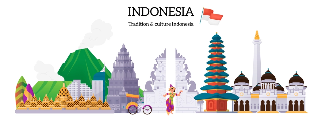 Indonesia flat banner with cultural landmarks and symbols vector illustration