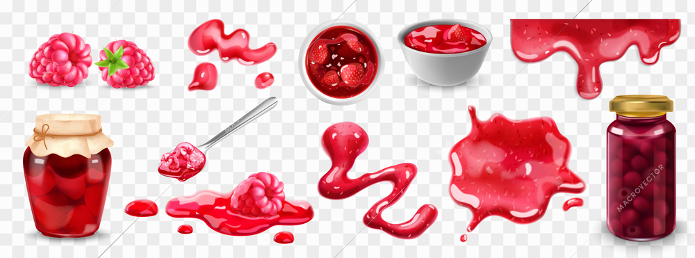 Realistic jam icons set with red garden berries on transparent background isolated vector illustration
