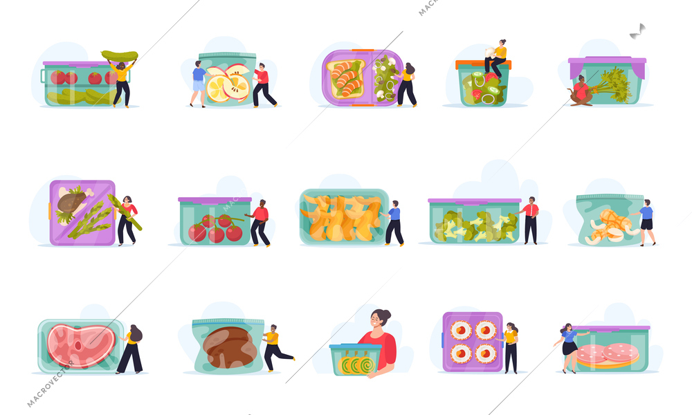 Food containers and zero waste storage set of isolated icons with doodle people and plastic boxes vector illustration